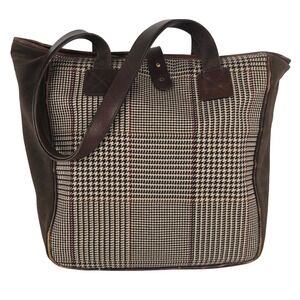 Ralph Lauren Herringbone Plaid Suede Tote Bag Large Brown Leather Handles Laptop